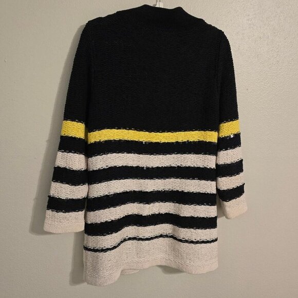 Berek Cardigan Size Large Shell Striped Sequin Black White Yellow Open Stretch - Picture 3 of 6